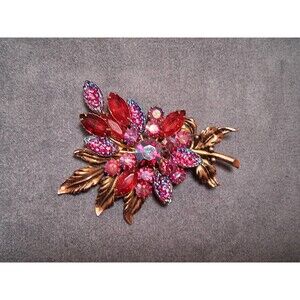 Beau Jewels Red Lava Rhinestones Flower Brooch Vintage Floral Spray